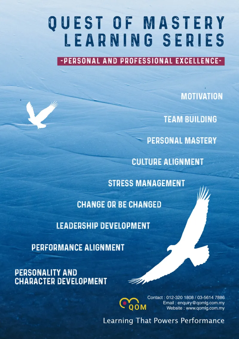 Quest of Mastery Learning Series poster listing QOM's nine personal and professional excellence programmes