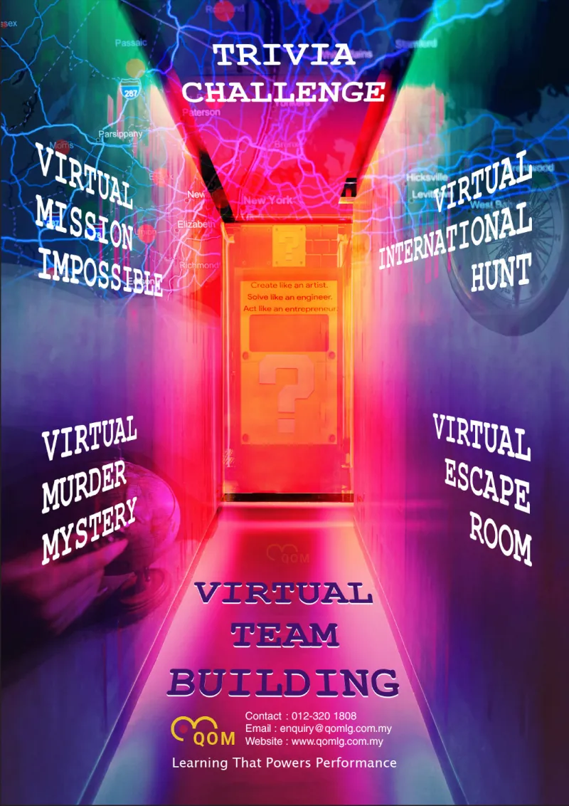QOM Virtual Team Building poster listing Trivia Challenge, Virtual Mission Impossible, Virtual International Hunt, Virtual Murder Mystery and Virtual Escape Room